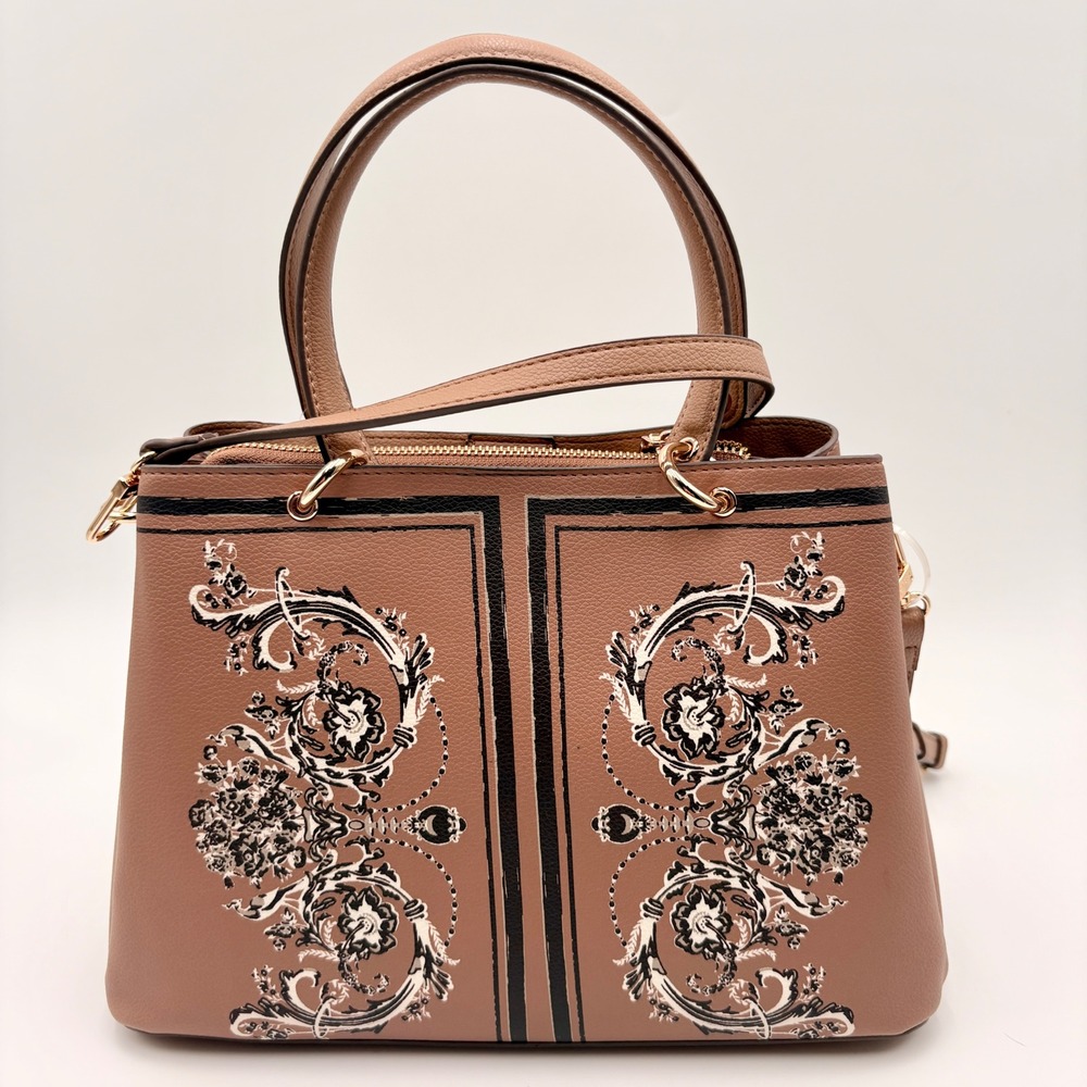 Anne Klein Tan Baroque Print Satchel Crossbody Bag Gold Hardware NWT